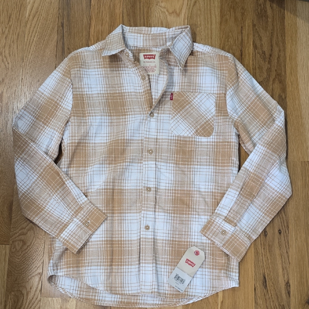 Levi's Boy's Beige and White Plaid Button Down Shirt